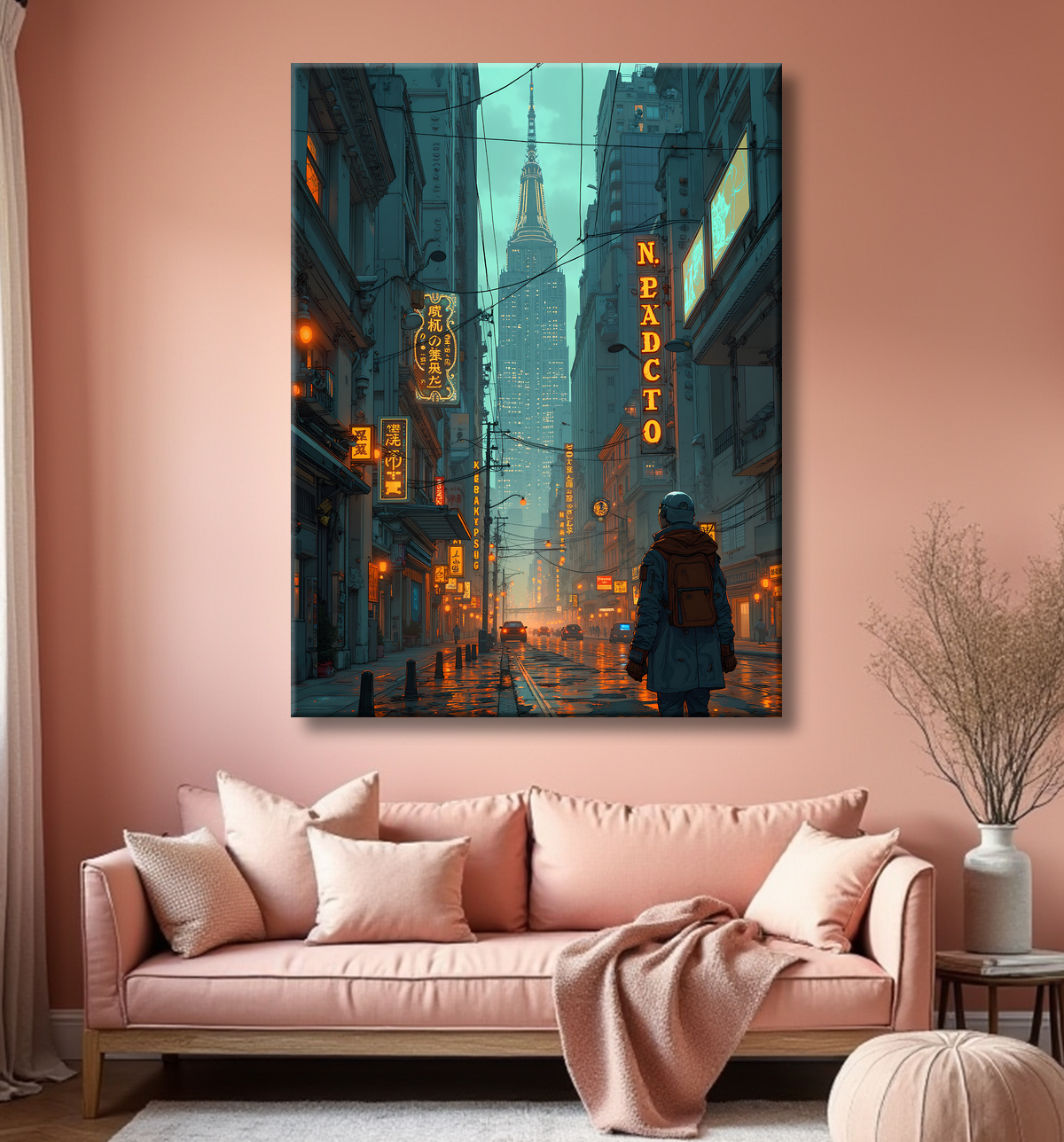 Tableau urbain futuriste inspiré de New York, avec une réinterprétation audacieuse de ses gratte-ciel emblématiques. Style graphique marqué, influences science-fiction et bande dessinée.