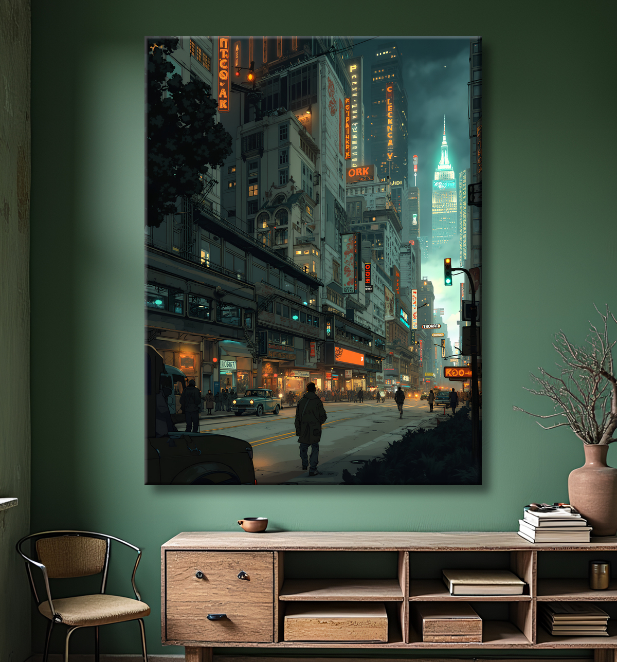 Tableau urbain futuriste inspiré de New York, avec une réinterprétation audacieuse de ses gratte-ciel emblématiques. Style graphique marqué, influences science-fiction et bande dessinée.