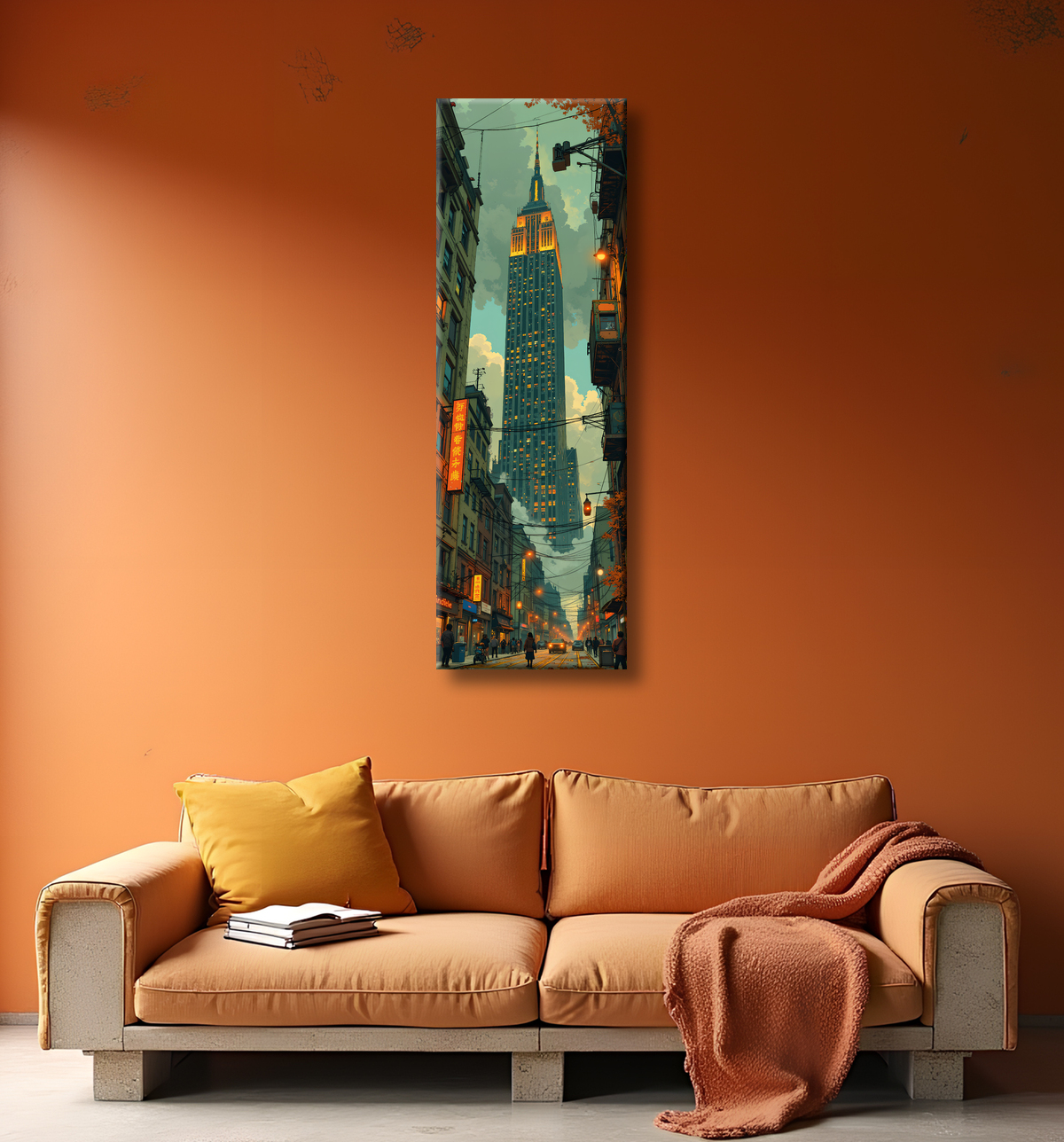 Tableau urbain futuriste inspiré de New York, avec une réinterprétation audacieuse de ses gratte-ciel emblématiques. Style graphique marqué, influences science-fiction et bande dessinée.