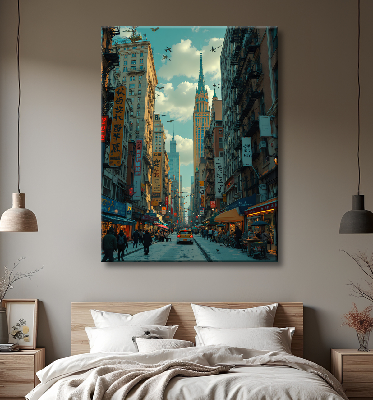 Tableau urbain futuriste inspiré de New York, avec une réinterprétation audacieuse de ses gratte-ciel emblématiques. Style graphique marqué, influences science-fiction et bande dessinée.