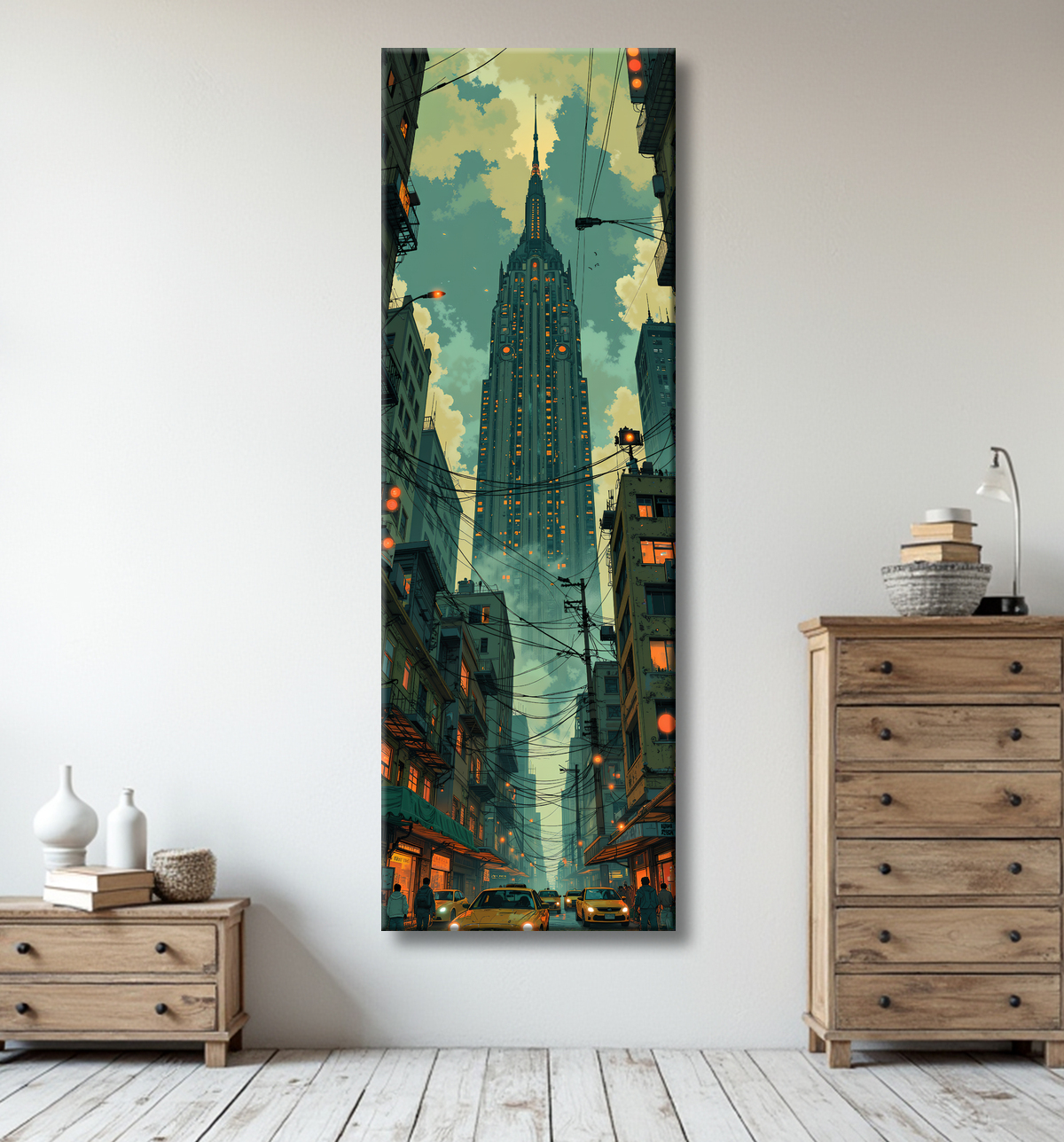 Tableau urbain futuriste inspiré de New York, avec une réinterprétation audacieuse de ses gratte-ciel emblématiques. Style graphique marqué, influences science-fiction et bande dessinée.