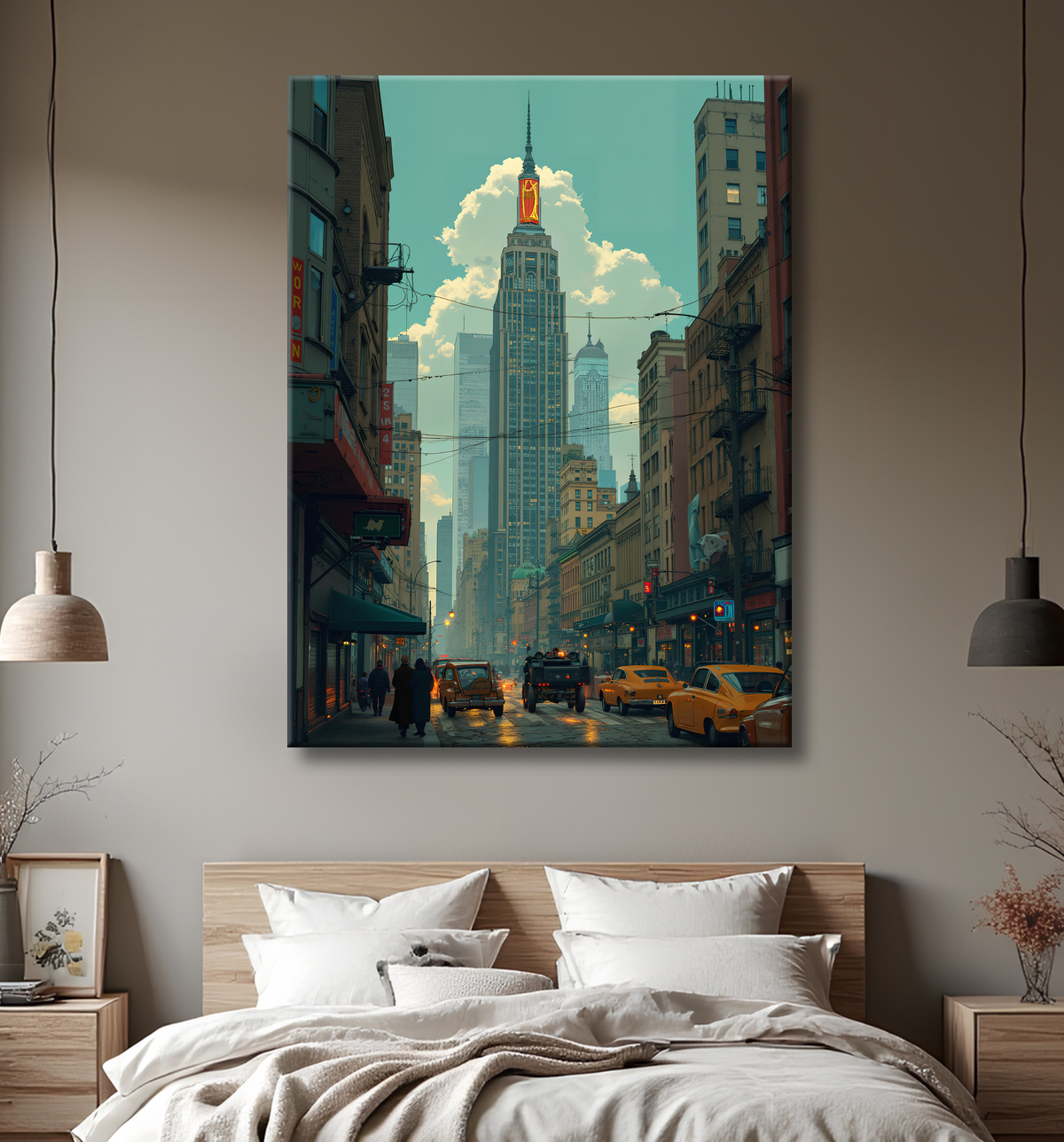 Tableau urbain futuriste inspiré de New York, avec une réinterprétation audacieuse de ses gratte-ciel emblématiques. Style graphique marqué, influences science-fiction et bande dessinée.