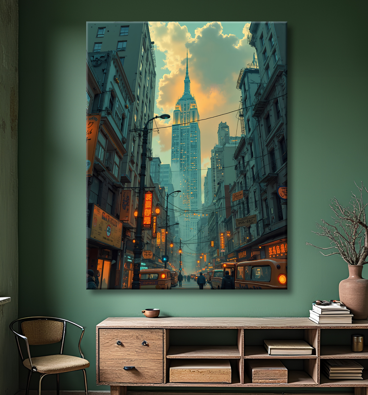 Tableau urbain futuriste inspiré de New York, avec une réinterprétation audacieuse de ses gratte-ciel emblématiques. Style graphique marqué, influences science-fiction et bande dessinée.