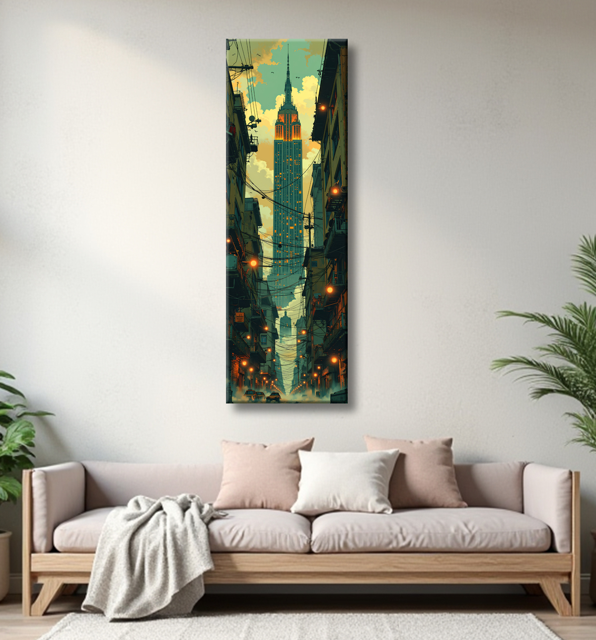 Tableau urbain futuriste inspiré de New York, avec une réinterprétation audacieuse de ses gratte-ciel emblématiques. Style graphique marqué, influences science-fiction et bande dessinée.