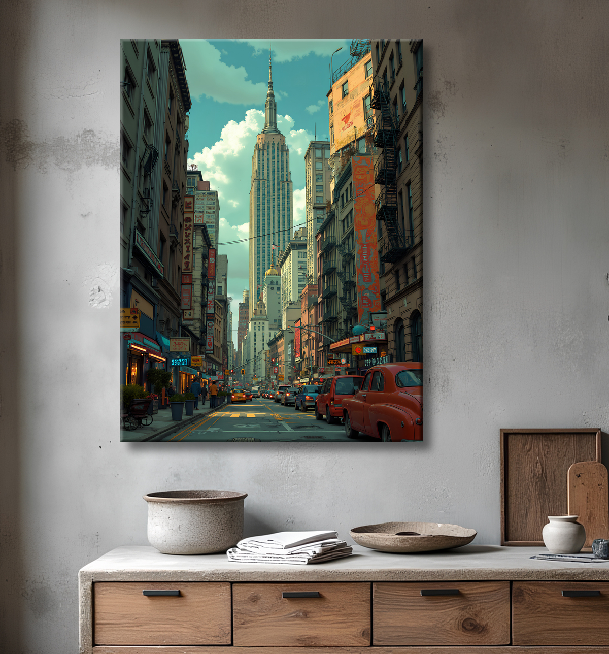 Tableau urbain futuriste inspiré de New York, avec une réinterprétation audacieuse de ses gratte-ciel emblématiques. Style graphique marqué, influences science-fiction et bande dessinée.