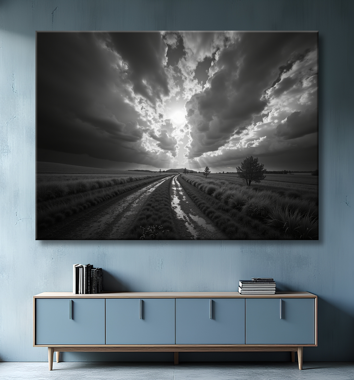 Chemin dans les Champs sous un Ciel Menacant avec decor