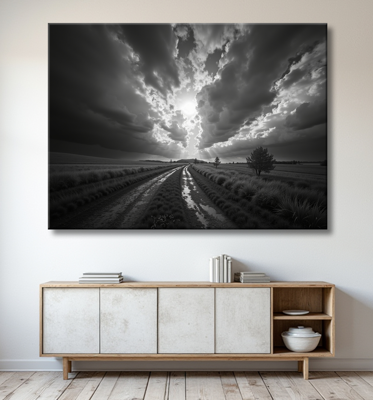Chemin dans les Champs sous un Ciel Menacant avec decor