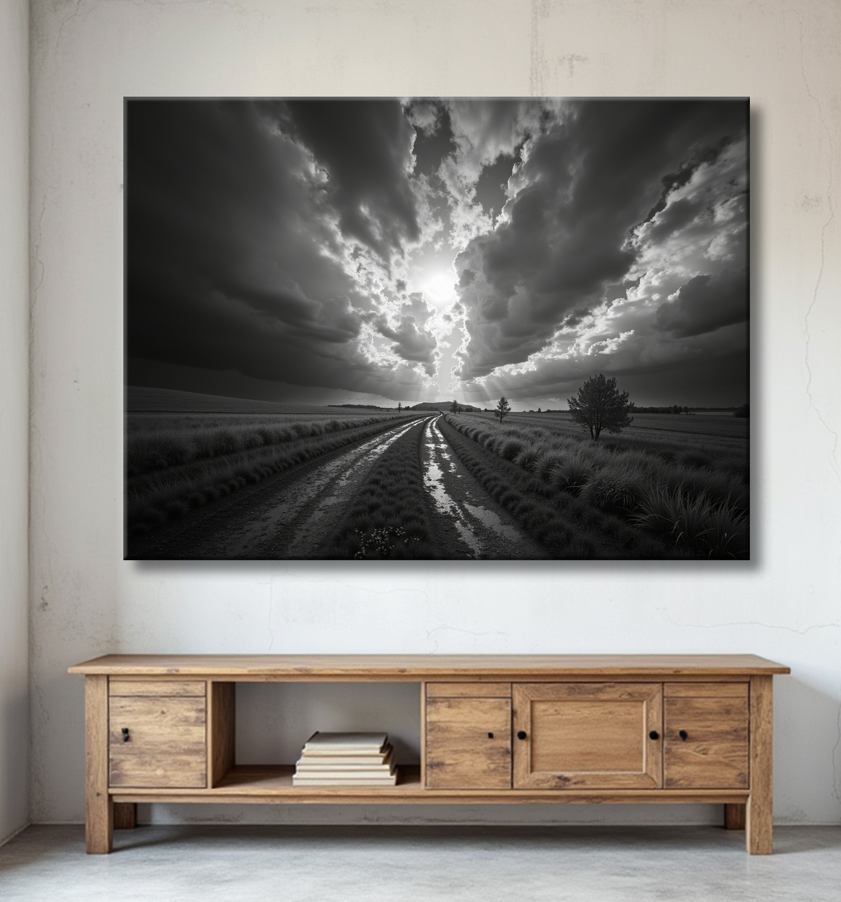 Chemin dans les Champs sous un Ciel Menacant avec decor