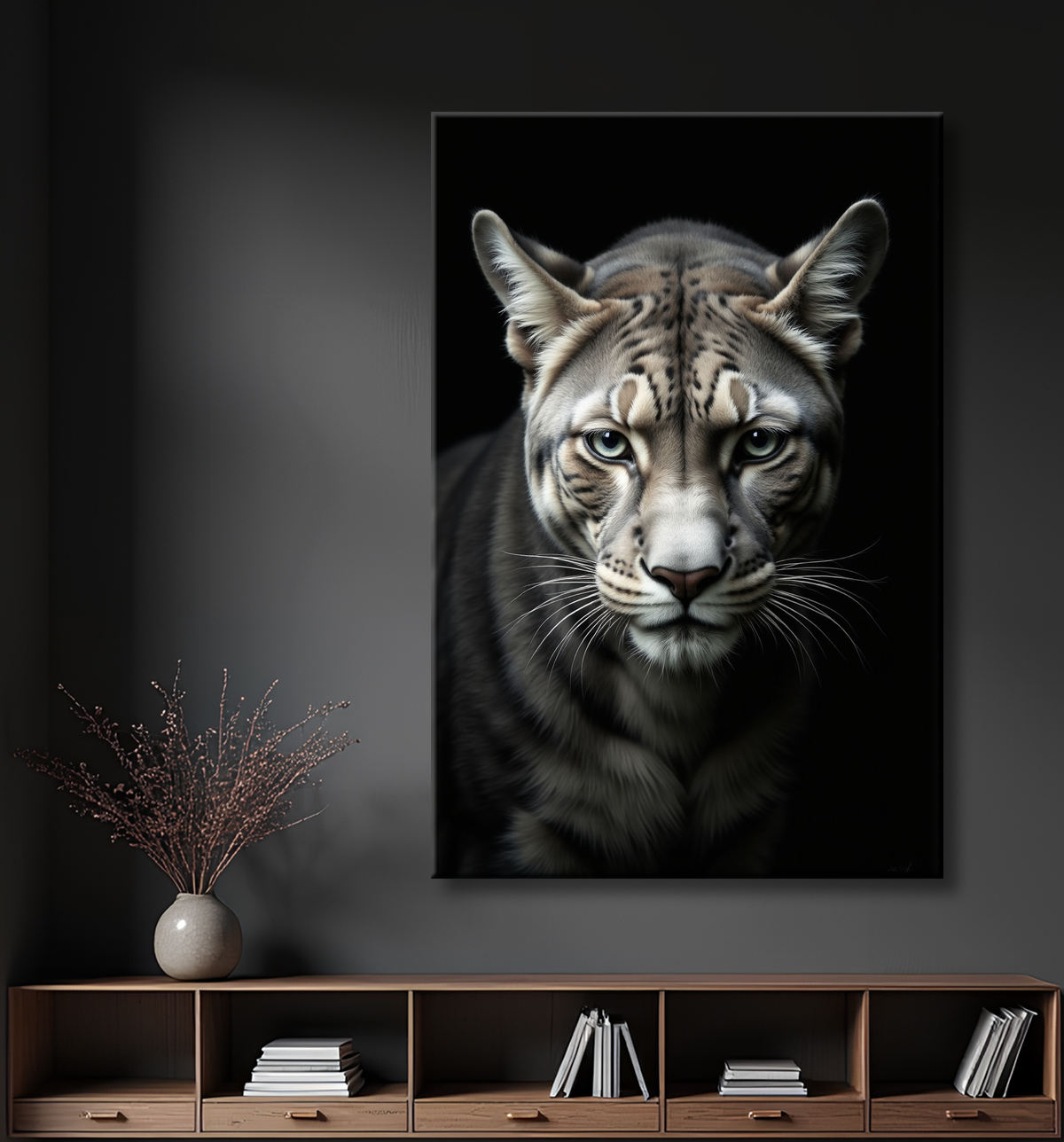 Tableau panthère studio fond noir avec decor