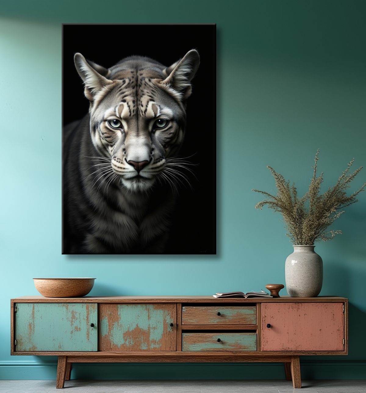 Tableau panthère studio fond noir avec decor