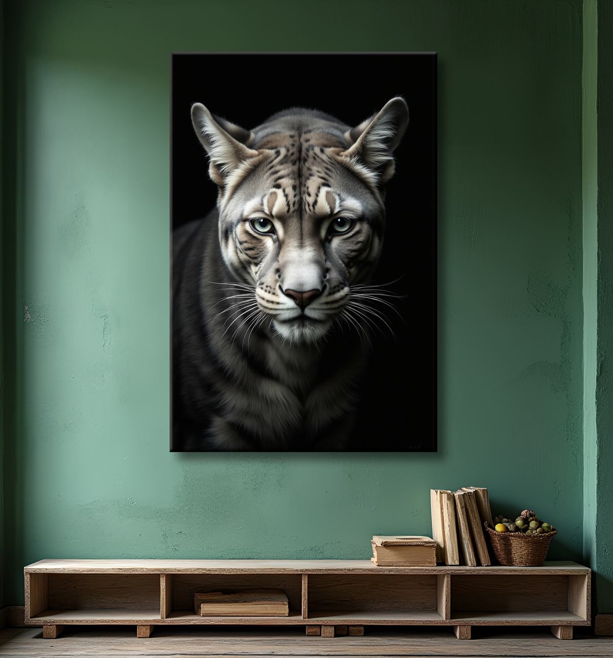 Tableau panthère studio fond noir avec decor