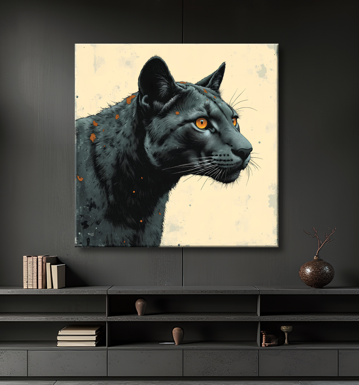 Tableau panthère noire moderne - Peinture animalière expressive et graphique avec decor