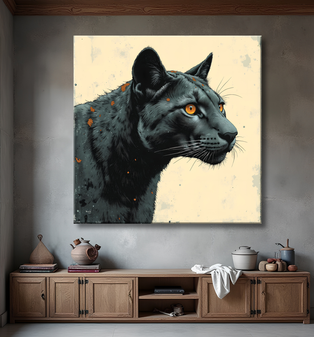 Tableau panthère noire moderne - Peinture animalière expressive et graphique avec decor