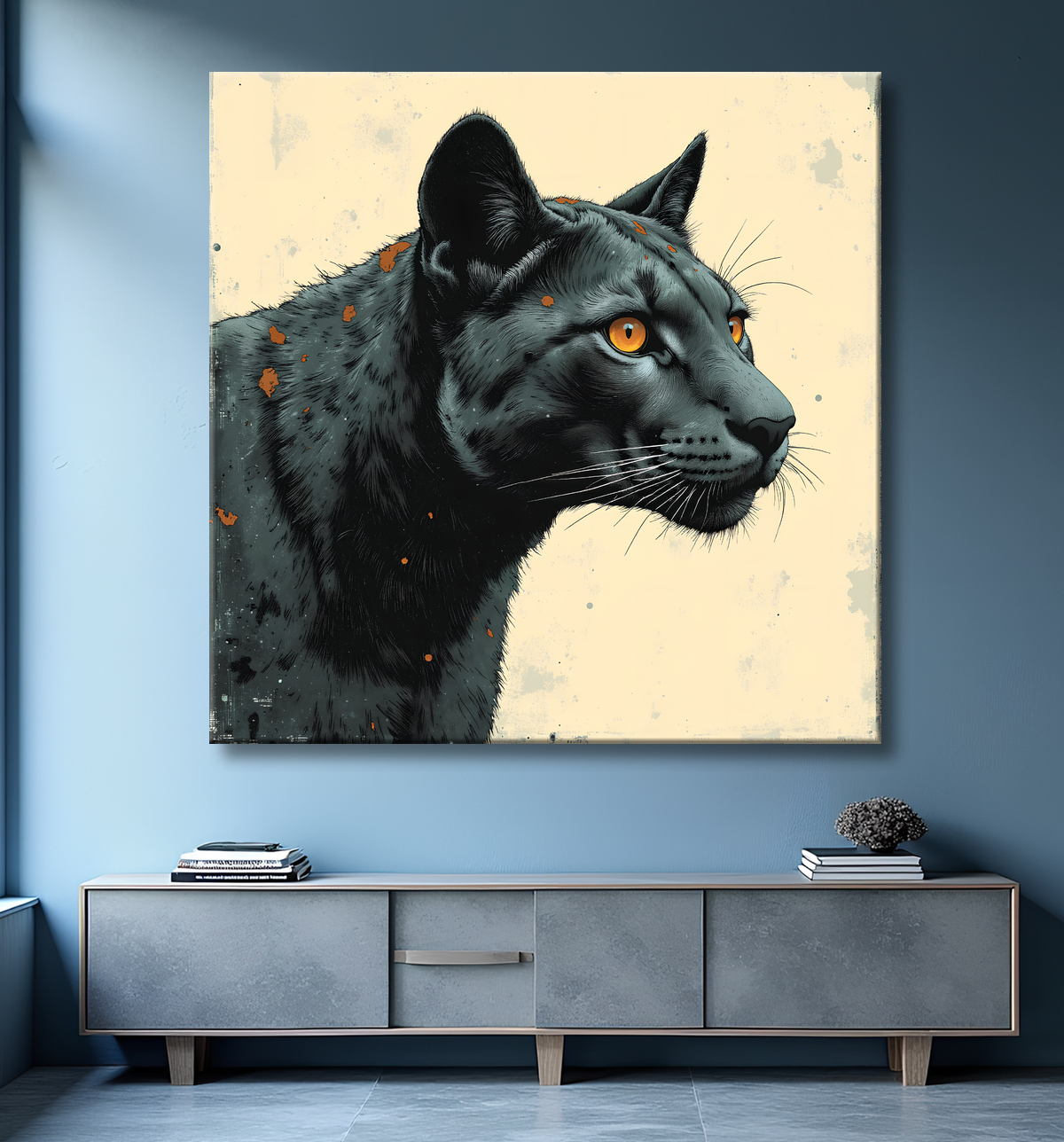 Tableau panthère noire moderne - Peinture animalière expressive et graphique avec decor