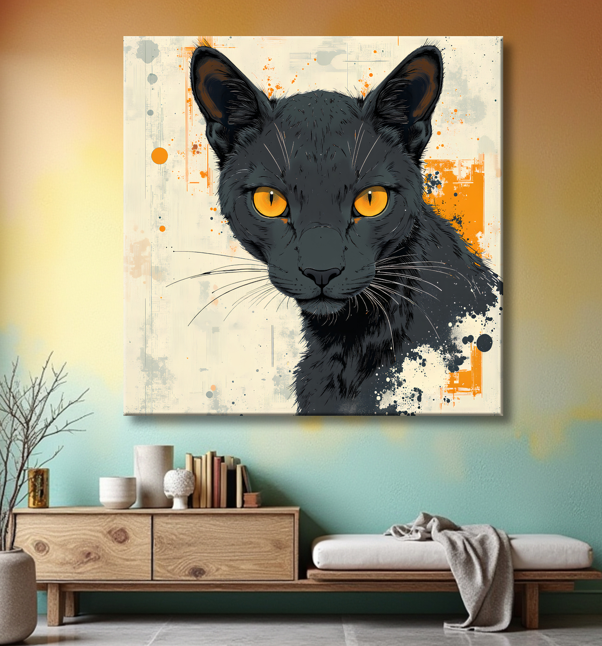 Tableau panthère noire moderne - Peinture animalière expressive et graphique avec decor