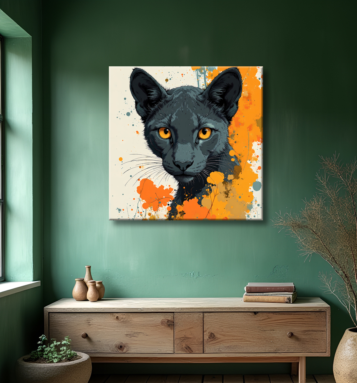 Tableau panthère noire moderne - Peinture animalière expressive et graphique avec decor