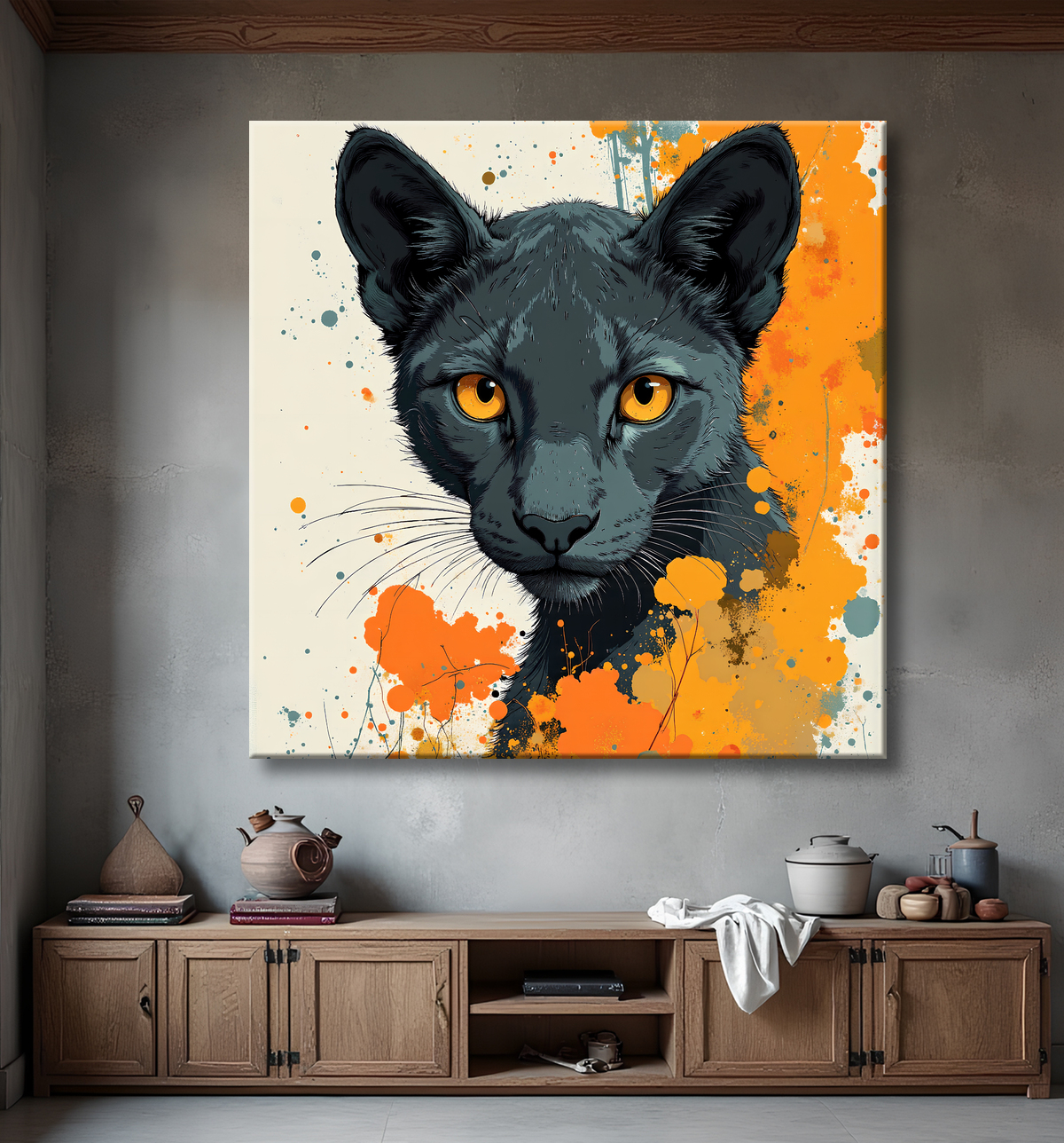 Tableau panthère noire moderne - Peinture animalière expressive et graphique avec decor