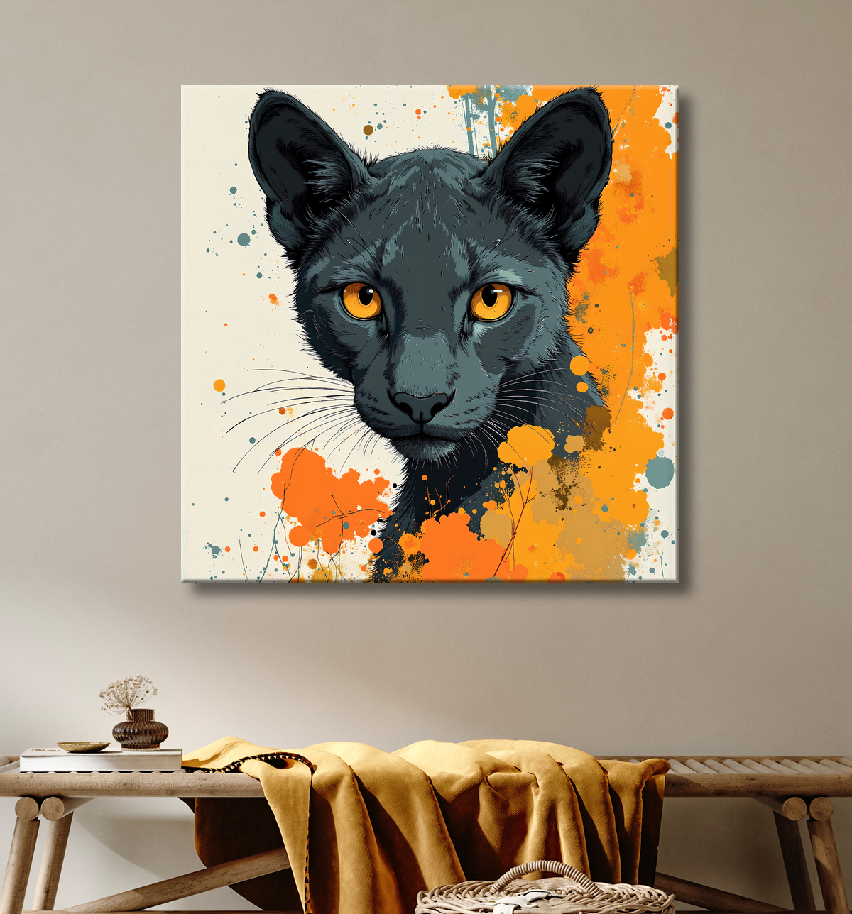 Tableau panthère noire moderne - Peinture animalière expressive et graphique avec decor