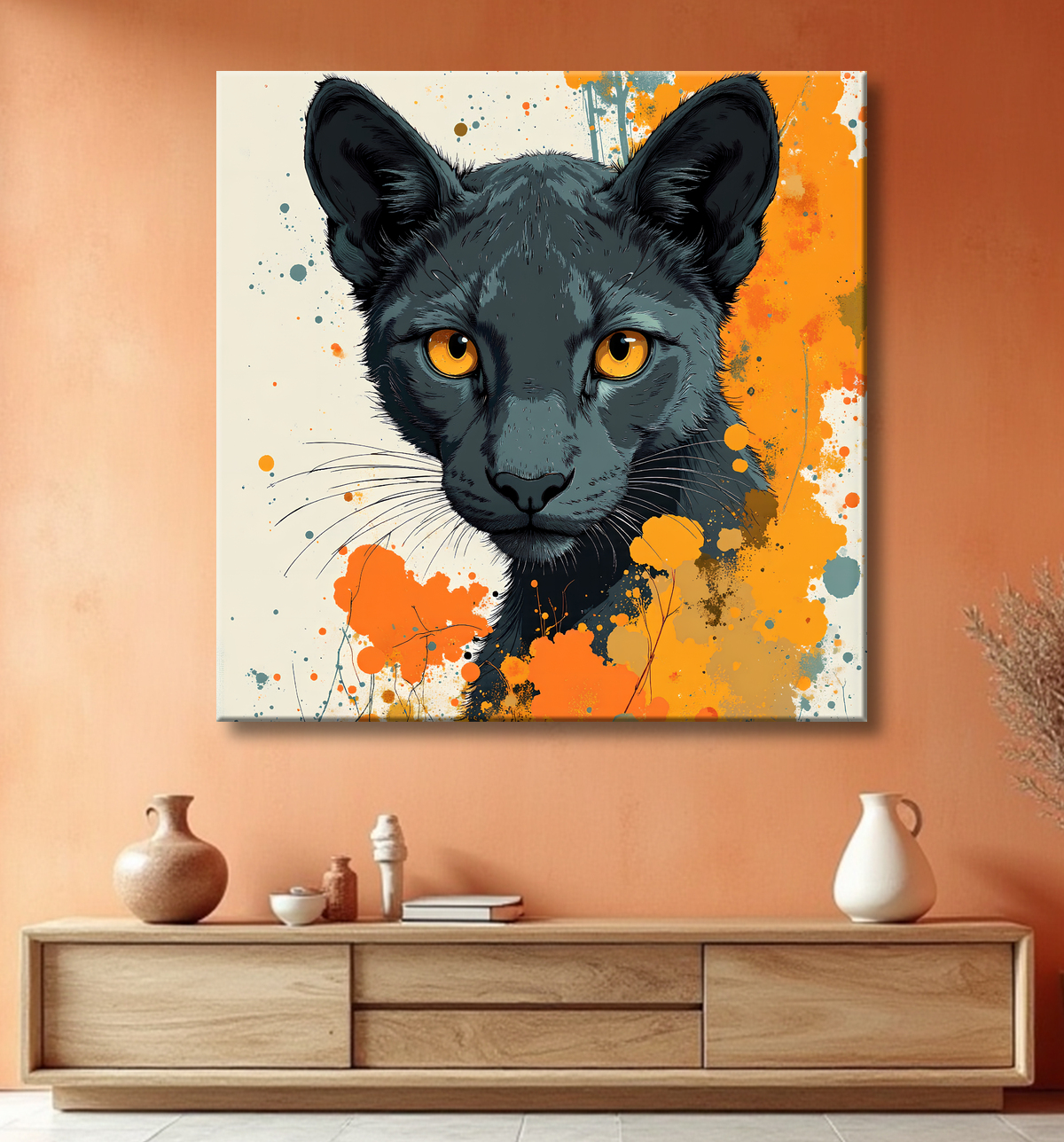 Tableau panthère noire moderne - Peinture animalière expressive et graphique avec decor