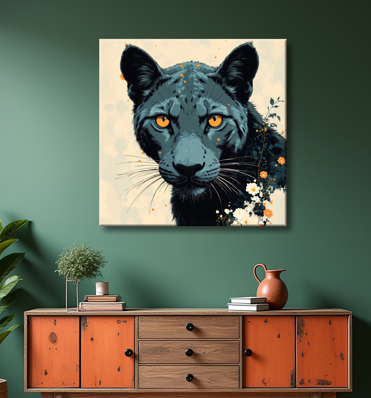 Tableau panthère noire moderne - Peinture animalière expressive et graphique avec decor