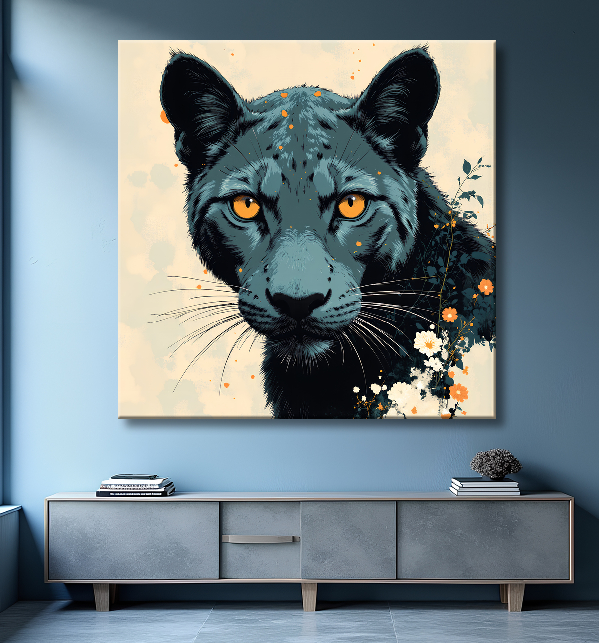 Tableau panthère noire moderne - Peinture animalière expressive et graphique avec decor