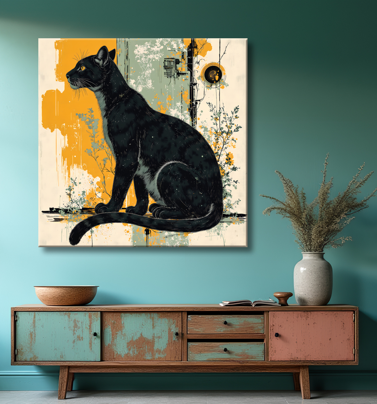 Tableau panthère noire moderne - Peinture animalière expressive et graphique avec decor