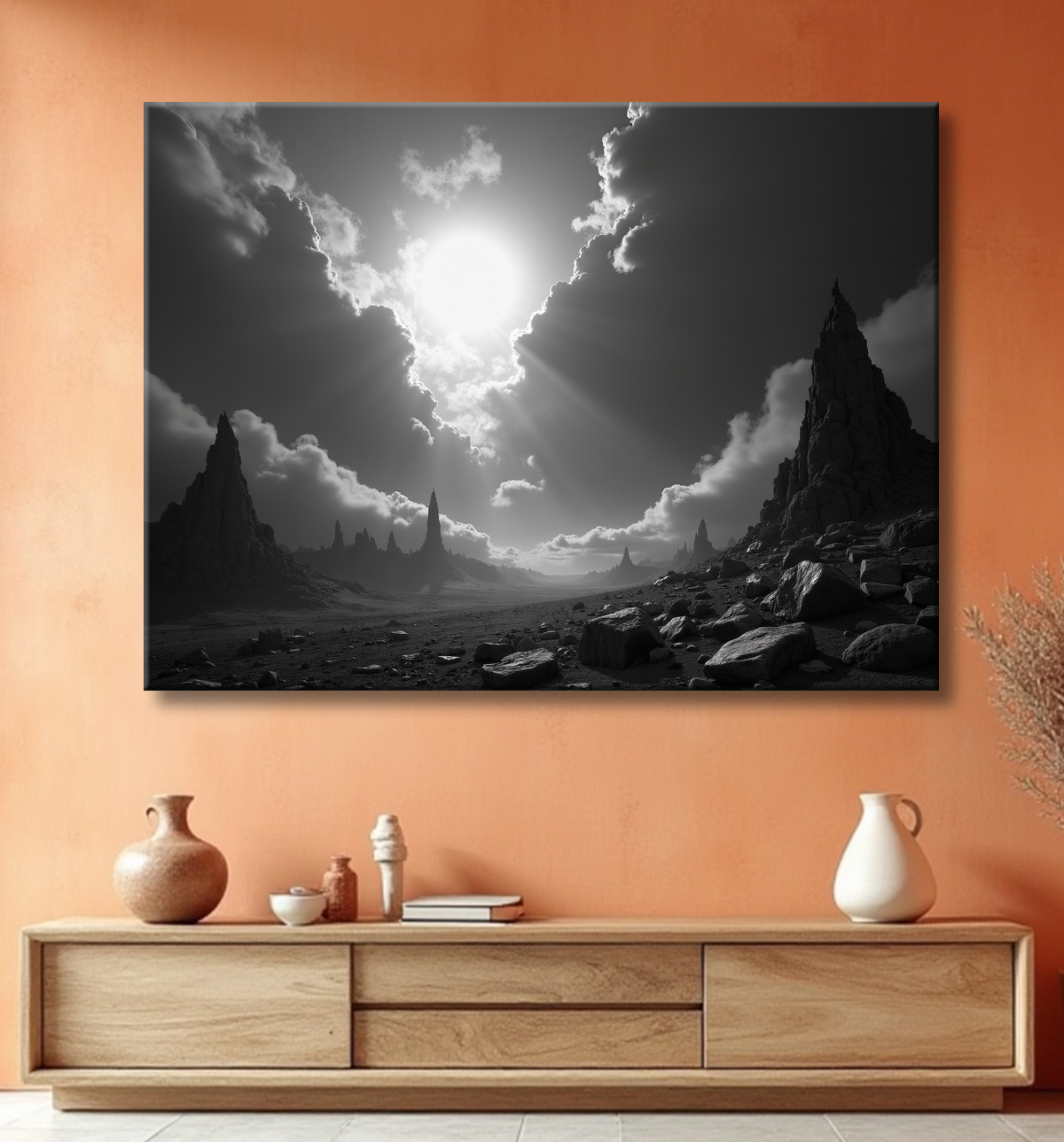 Paysage Désertique en Noir et Blanc avec decor
