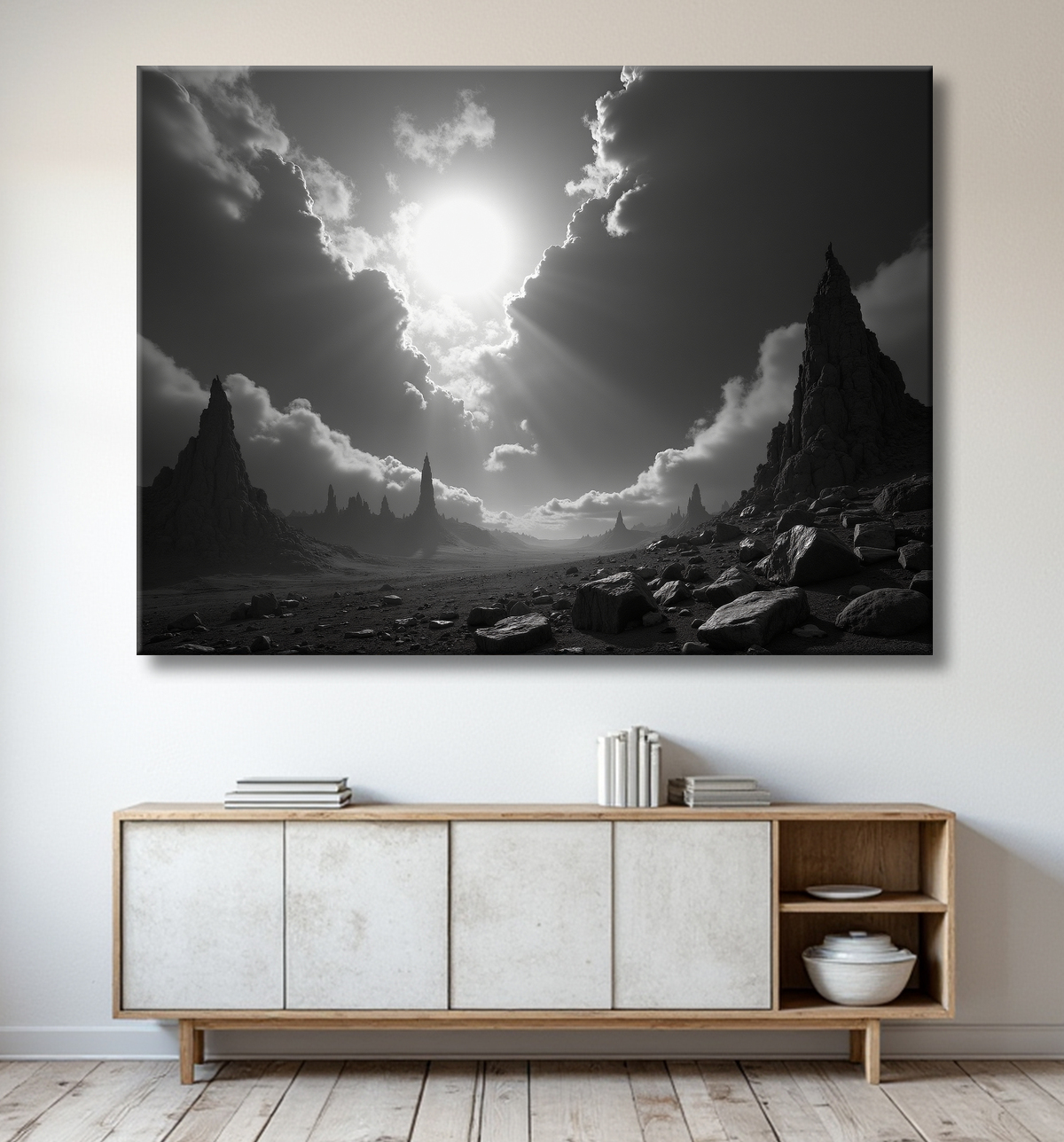 Paysage Désertique en Noir et Blanc avec decor
