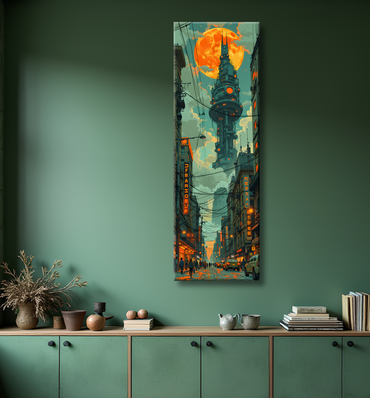 Tableau urbain futuriste dans un univers de science-fiction, sans référence à une ville existante. Architecture visionnaire et ambiance stylisée entre IA et bande dessinée.