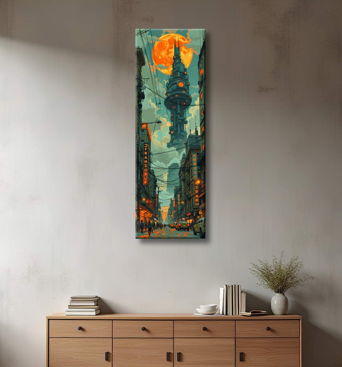 Tableau paysage urbain science-fiction avec decor