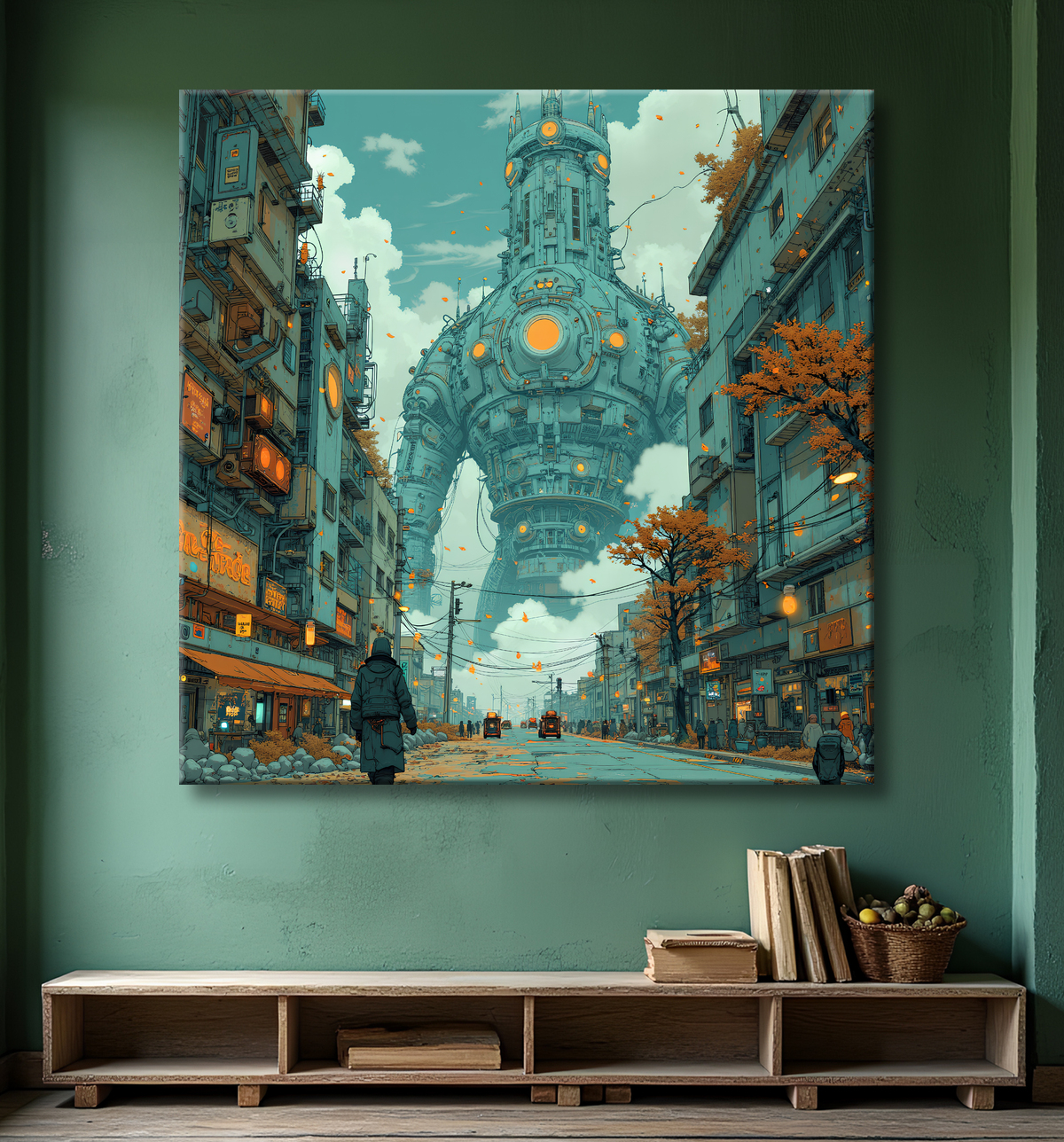 Tableau urbain futuriste dans un univers de science-fiction, sans référence à une ville existante. Architecture visionnaire et ambiance stylisée entre IA et bande dessinée.