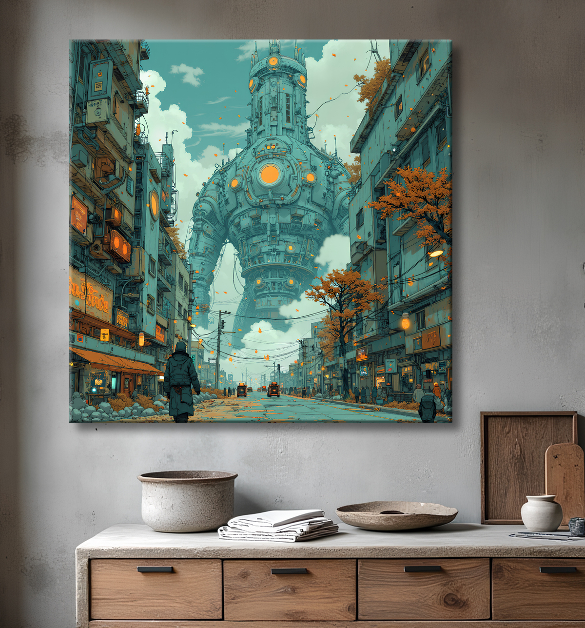 Tableau paysage urbain science-fiction avec decor