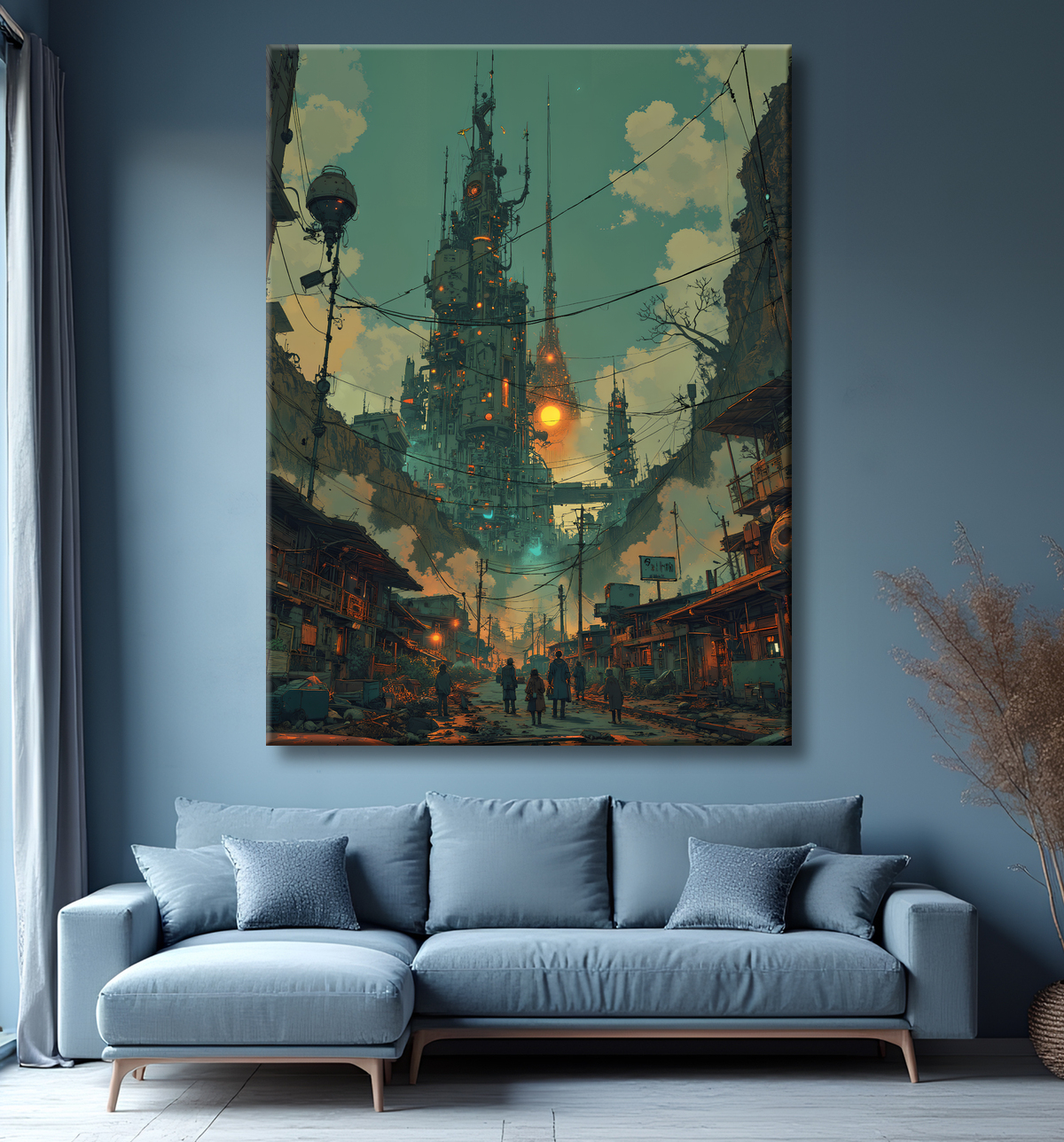 Tableau urbain futuriste dans un univers de science-fiction, sans référence à une ville existante. Architecture visionnaire et ambiance stylisée entre IA et bande dessinée.