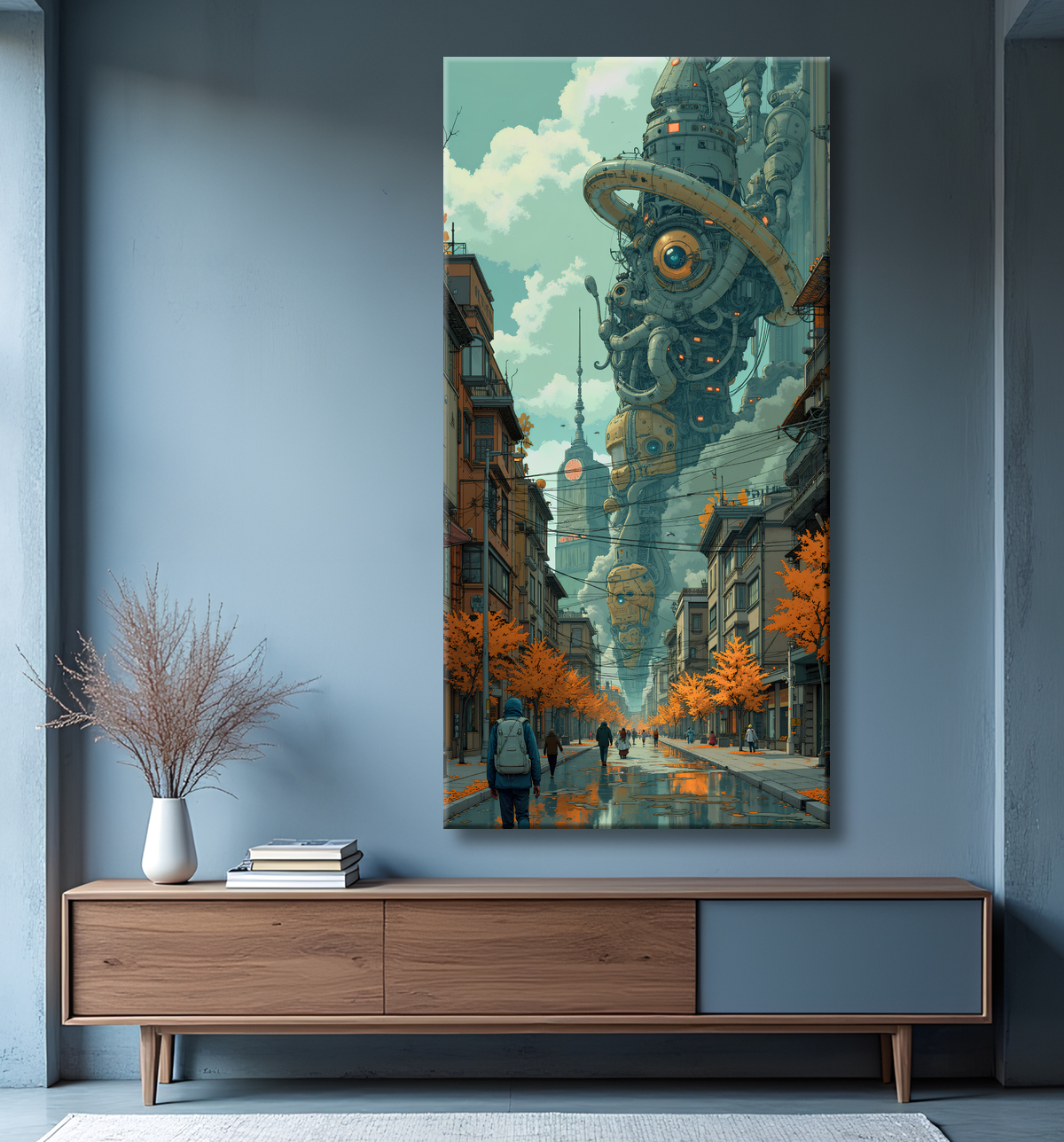 Tableau urbain futuriste dans un univers de science-fiction, sans référence à une ville existante. Architecture visionnaire et ambiance stylisée entre IA et bande dessinée.