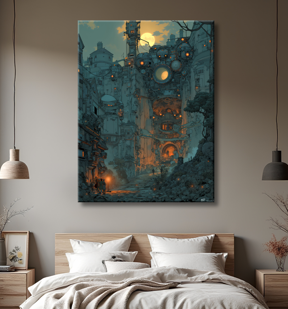 Tableau paysage urbain science-fiction avec decor