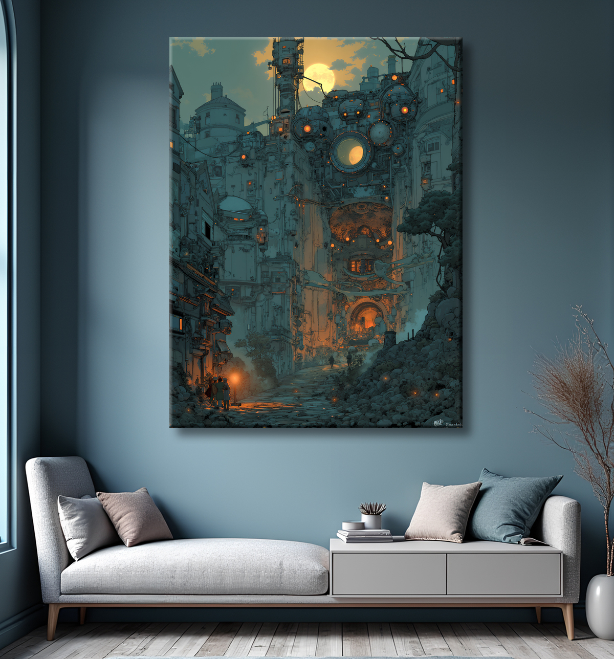 Tableau urbain futuriste dans un univers de science-fiction, sans référence à une ville existante. Architecture visionnaire et ambiance stylisée entre IA et bande dessinée.