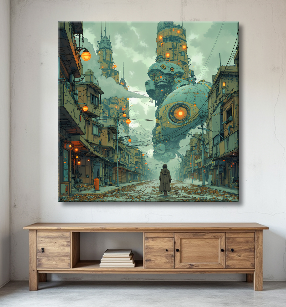 Tableau urbain futuriste dans un univers de science-fiction, sans référence à une ville existante. Architecture visionnaire et ambiance stylisée entre IA et bande dessinée.