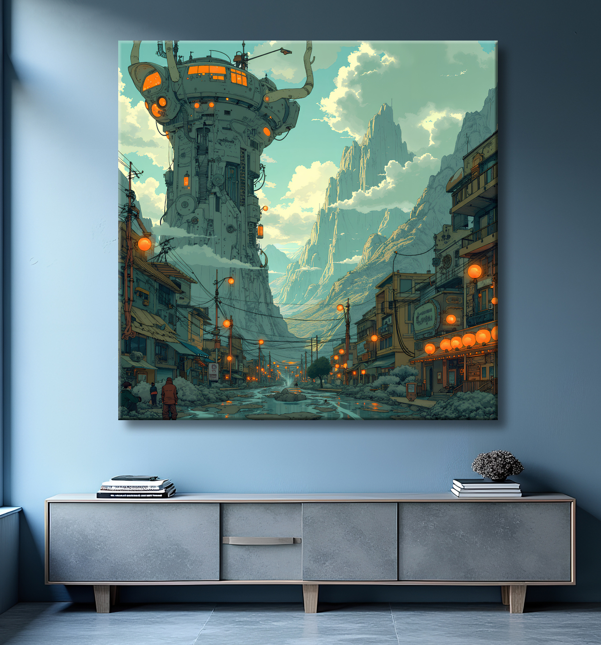 Tableau paysage urbain science-fiction avec decor