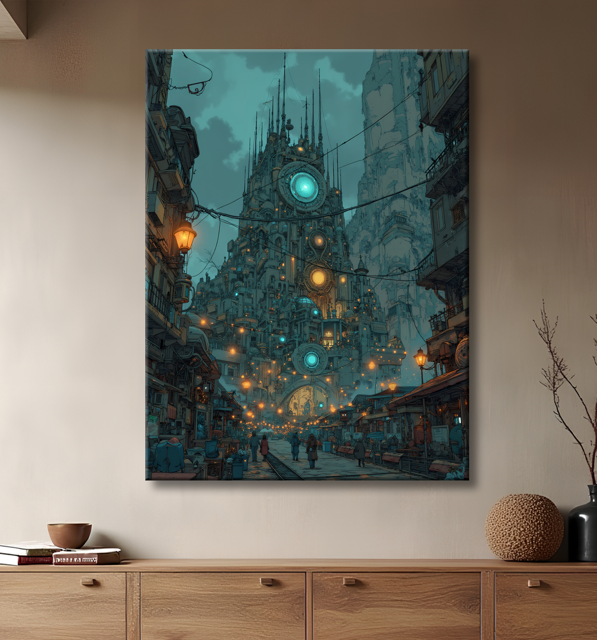 Tableau urbain futuriste dans un univers de science-fiction, sans référence à une ville existante. Architecture visionnaire et ambiance stylisée entre IA et bande dessinée.