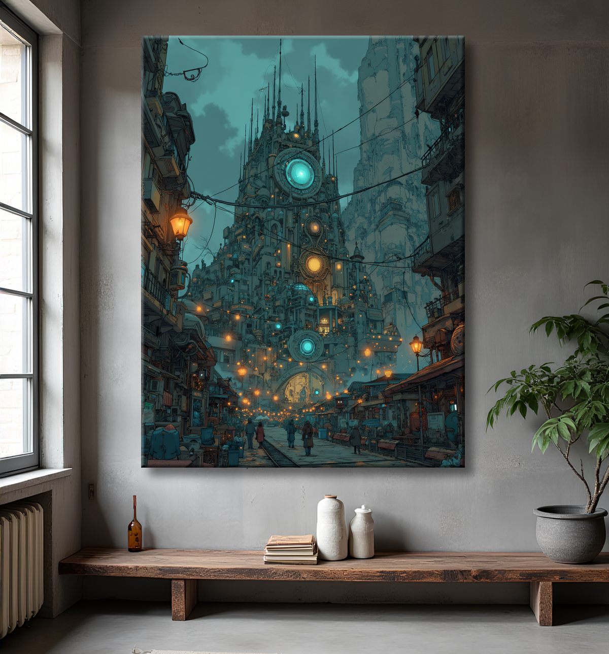 Tableau paysage urbain science-fiction avec decor
