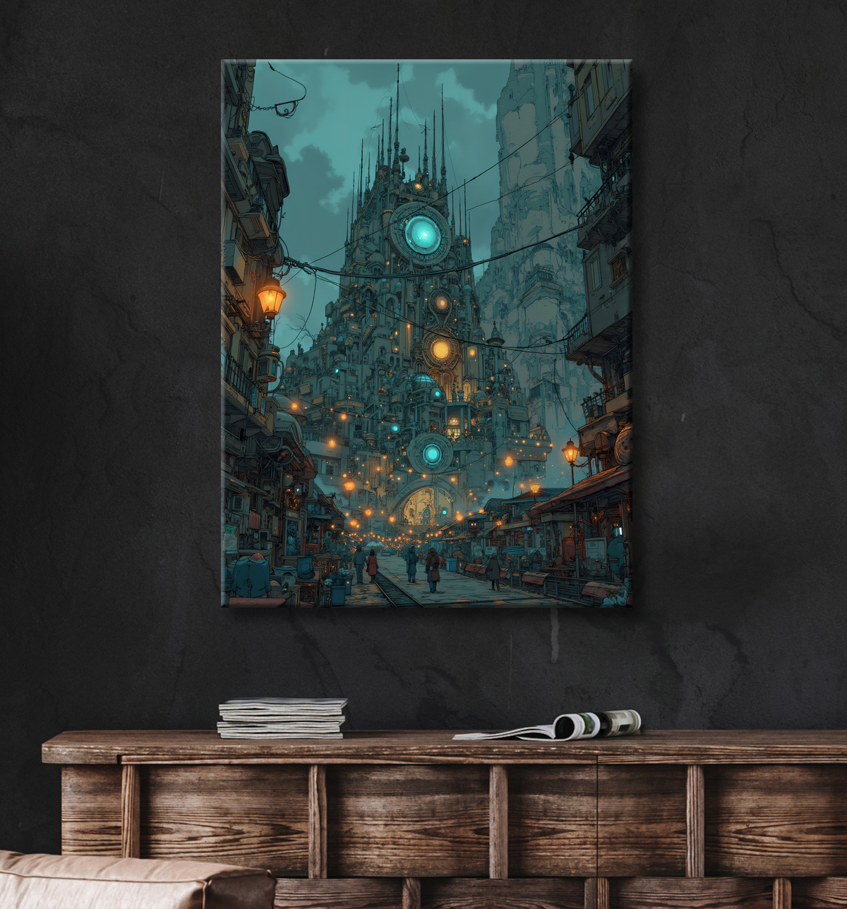 Tableau paysage urbain science-fiction avec decor
