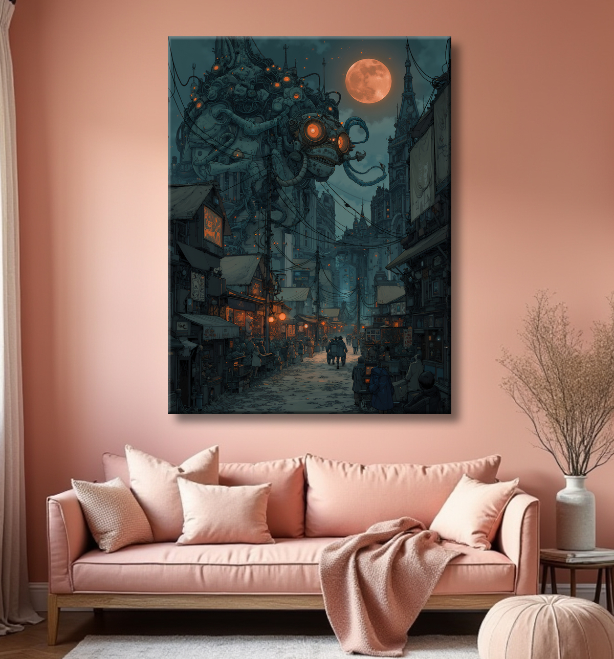 Tableau urbain futuriste dans un univers de science-fiction, sans référence à une ville existante. Architecture visionnaire et ambiance stylisée entre IA et bande dessinée.