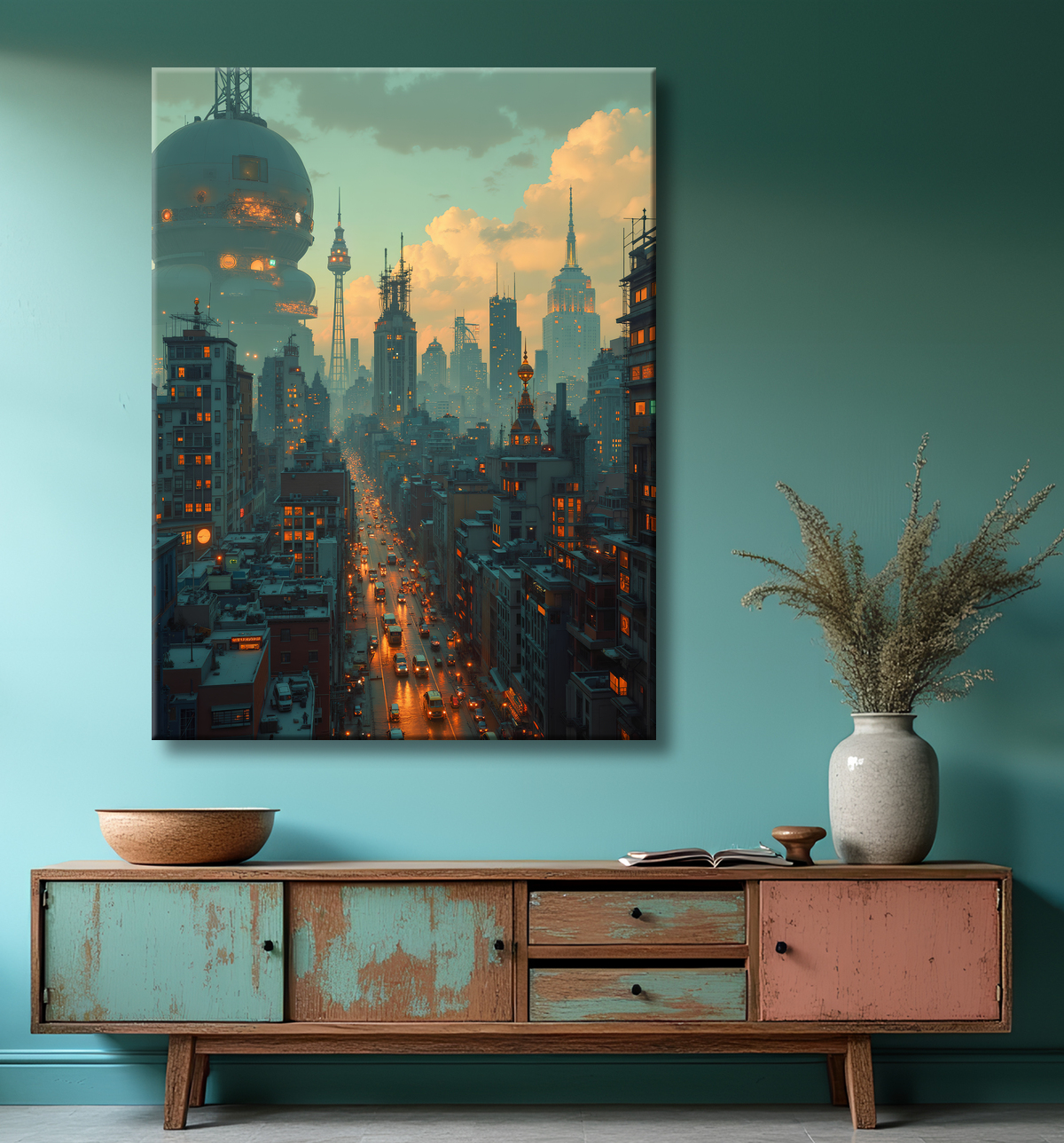 Tableau paysage urbain science-fiction avec decor