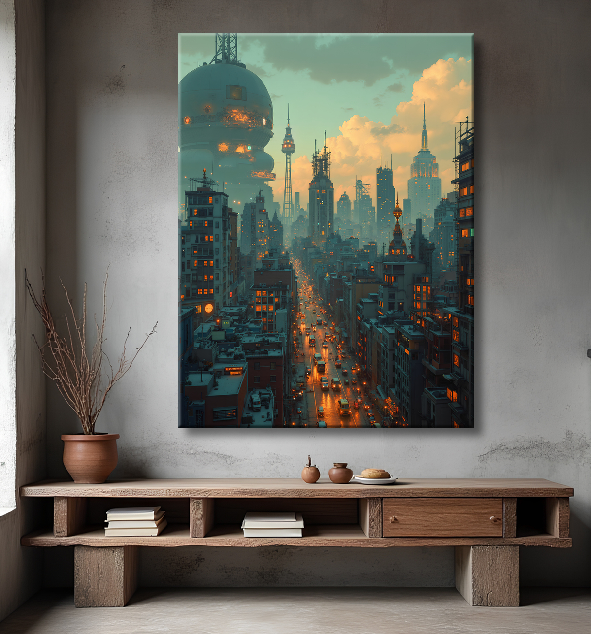 Tableau paysage urbain science-fiction avec decor