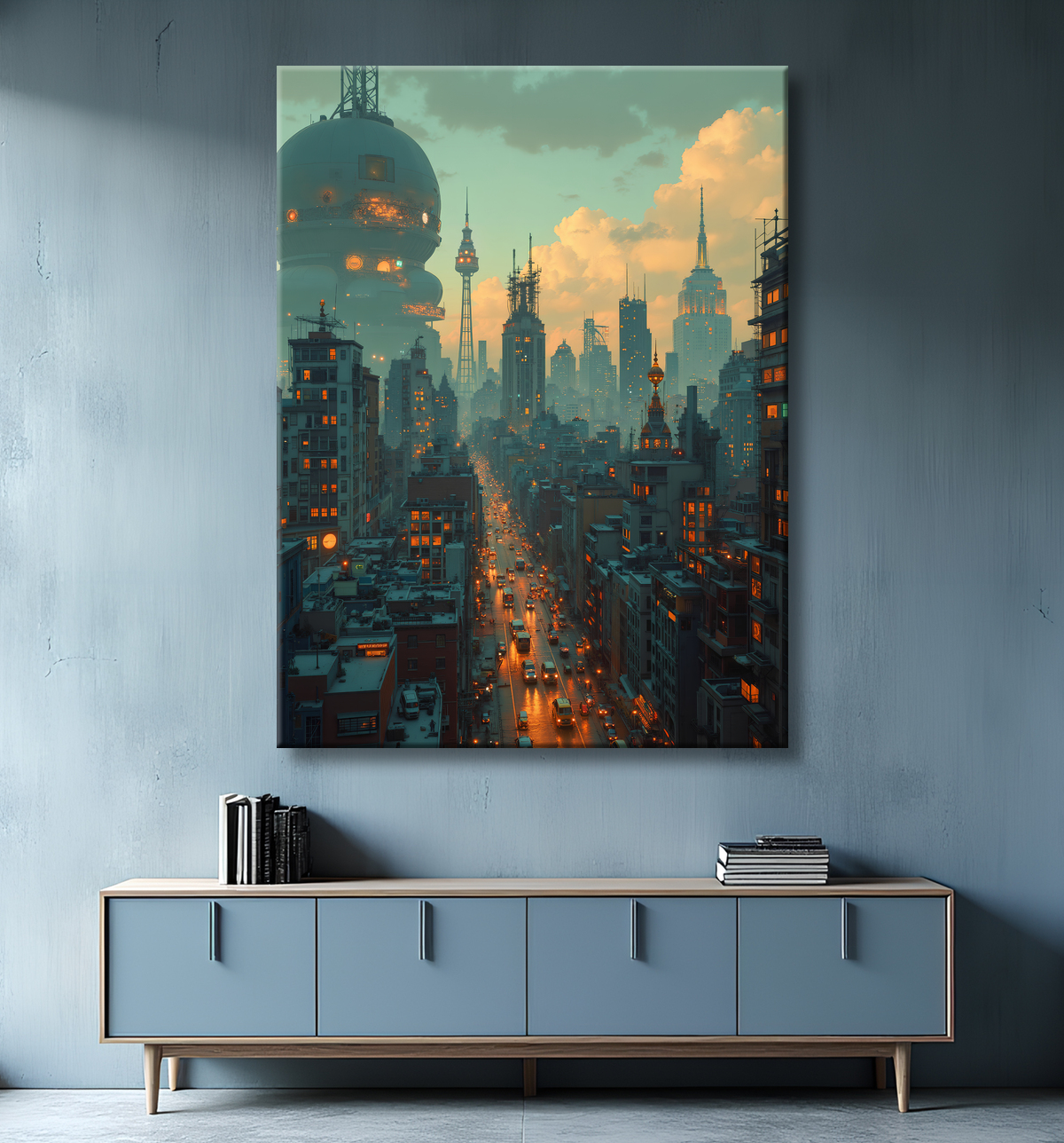 Tableau urbain futuriste dans un univers de science-fiction, sans référence à une ville existante. Architecture visionnaire et ambiance stylisée entre IA et bande dessinée.