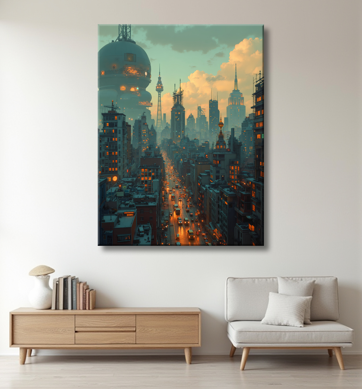Tableau paysage urbain science-fiction avec decor