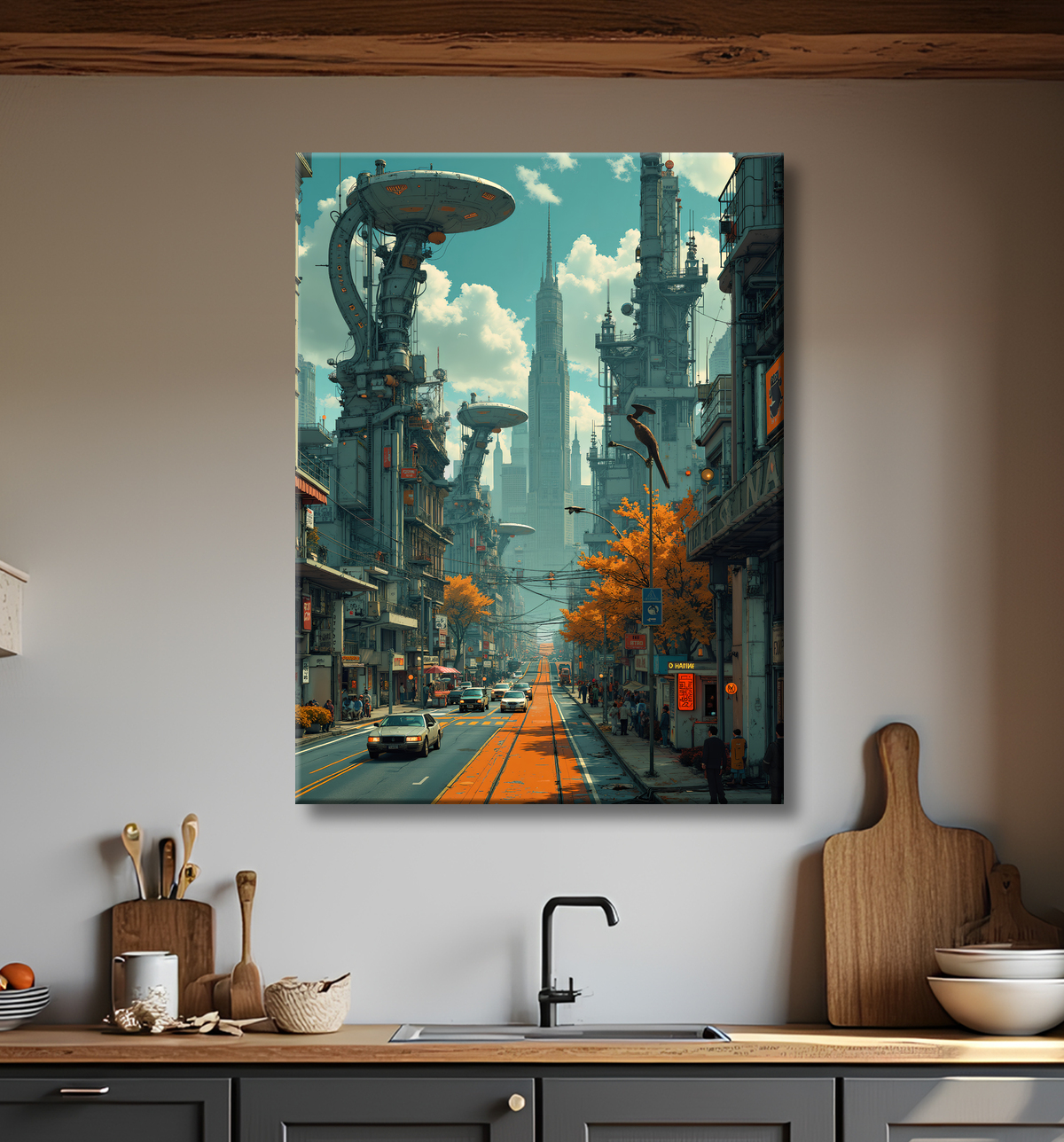 Tableau urbain futuriste dans un univers de science-fiction, sans référence à une ville existante. Architecture visionnaire et ambiance stylisée entre IA et bande dessinée.