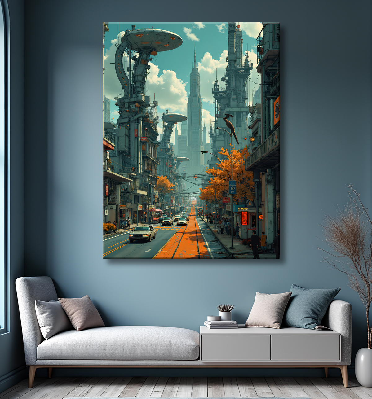 Tableau paysage urbain science-fiction avec decor