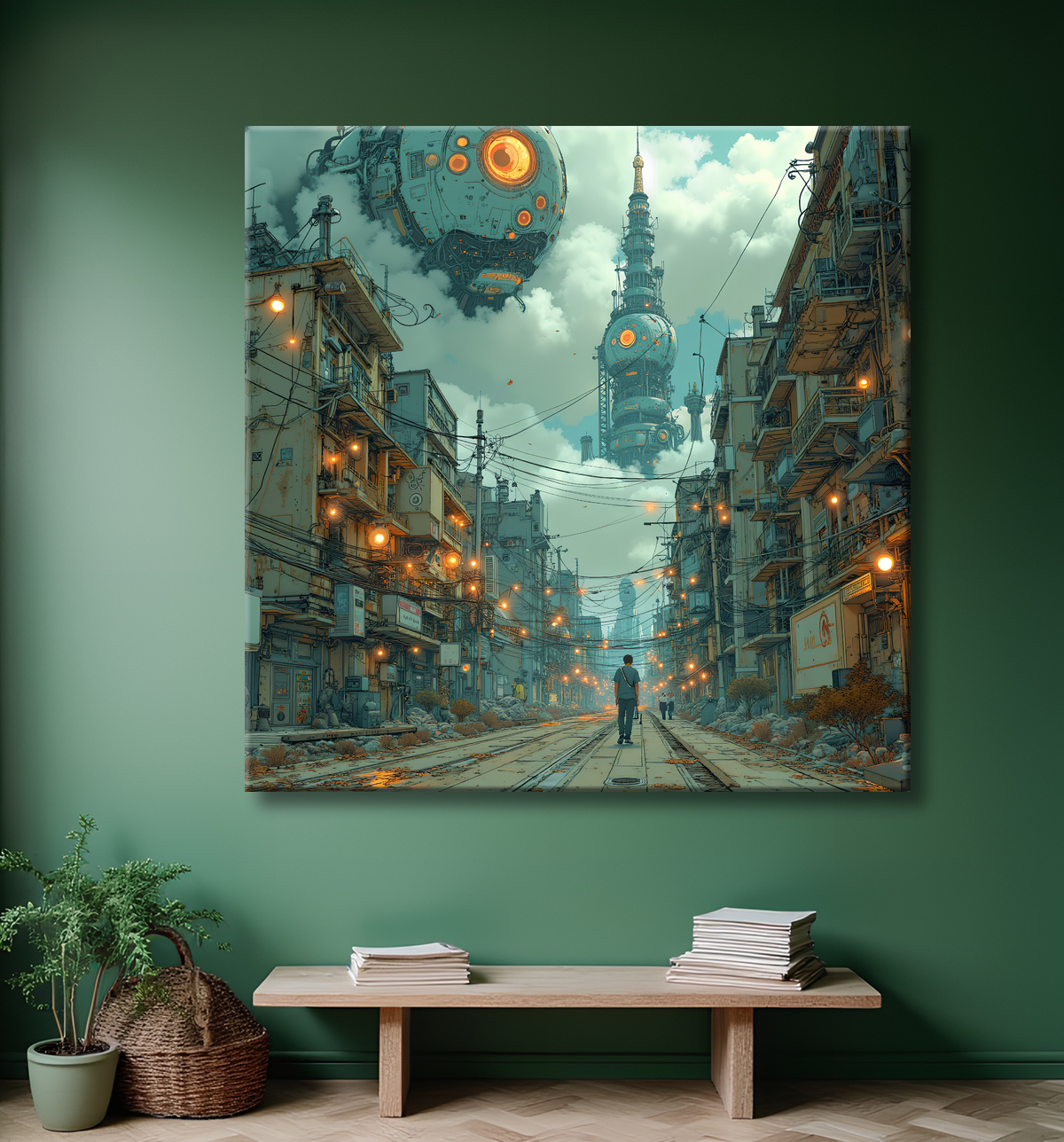 Tableau urbain futuriste dans un univers de science-fiction, sans référence à une ville existante. Architecture visionnaire et ambiance stylisée entre IA et bande dessinée.