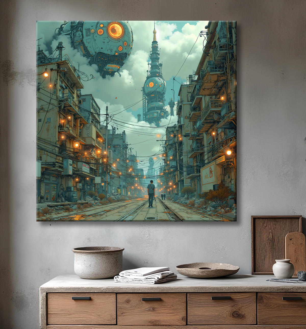 Tableau paysage urbain science-fiction avec decor